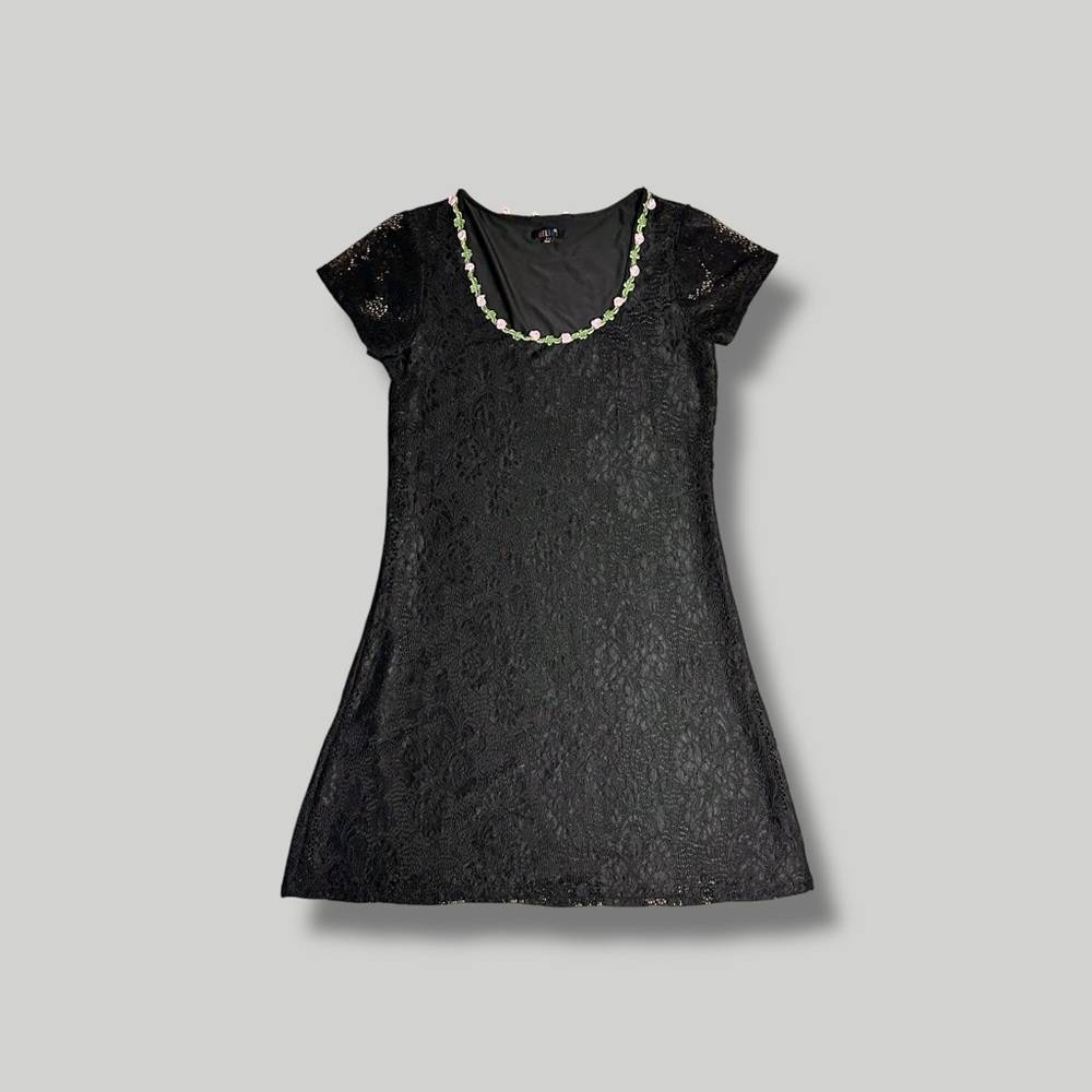 dELiA's Black Lace Ribbon Flower Rosette Mini Dress 1X Gothic LBD Cocktail Party